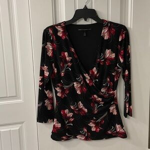 White House Black Market Black and Red Floral Blouse